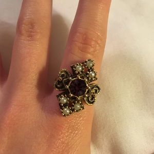 Purple gold bronze pearl ornate costume ring